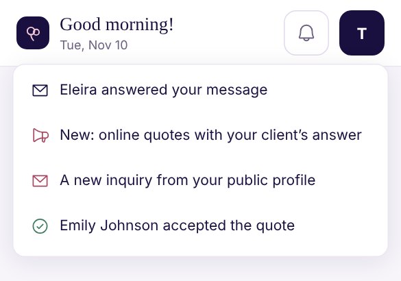 The bell open: Eleira answered your message, a notice “New: online quotes with your client’s answer”, a new inquiry from your public profile and “Emily Johnson accepted the quote”