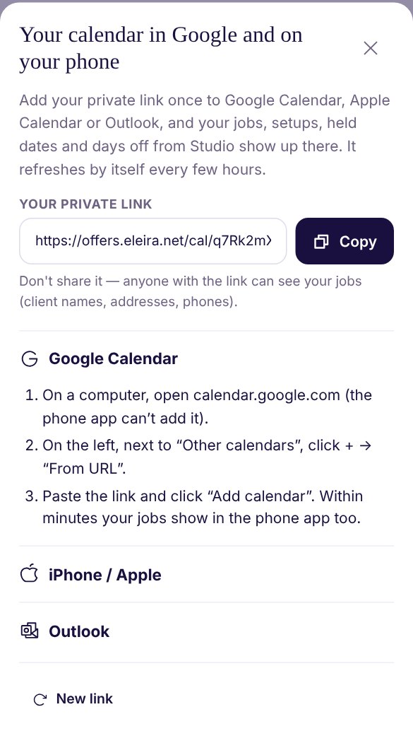 The Your calendar in Google and on your phone window: a private link with a Copy button, a note not to share it, and the steps for Google Calendar