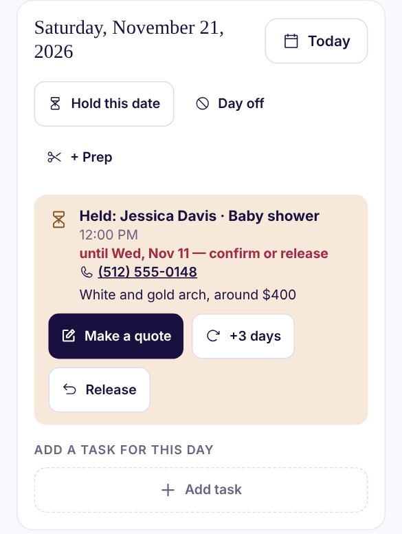 November 21 on the calendar: “Held: Jessica Davis · Baby shower”, 12:00 PM, “until Wed, Nov 11 — confirm or release”, phone, note and the buttons Make a quote, +3 days and Release