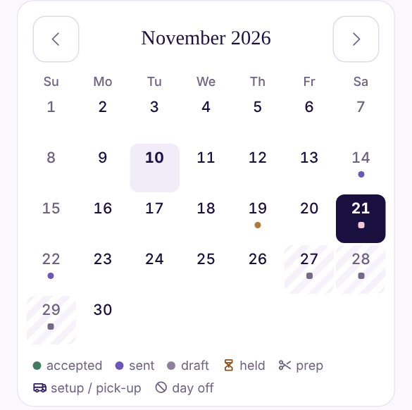 November on the calendar: events on the 14th, 19th and 22nd, a held date on the 21st and days off on the 27th to 29th, shown with stripes