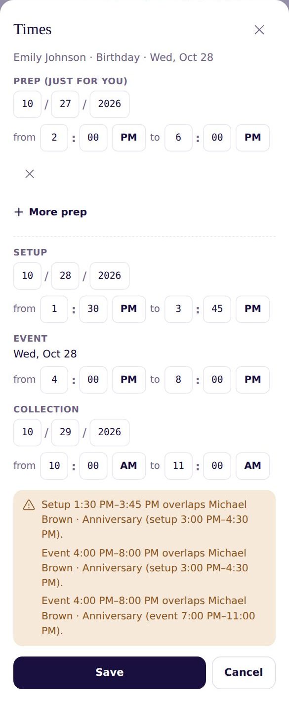 The Times window for one event: prep, setup, event and collection with dates and times, overlap warnings and a Save button