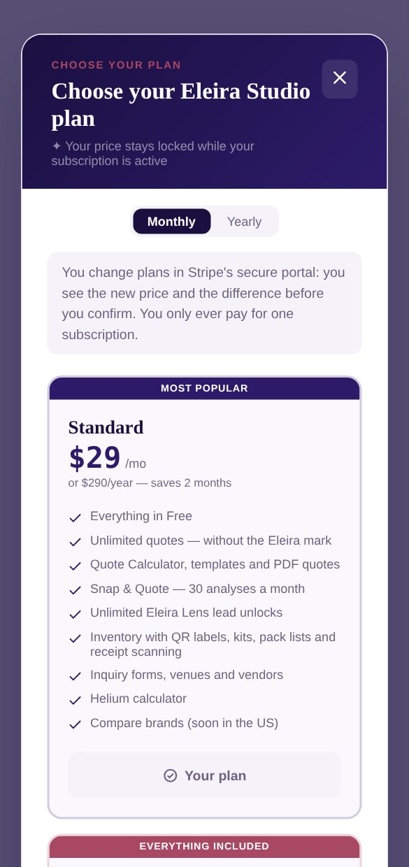 The plans window for a decorator on Standard: a note that plan changes happen in Stripe’s portal, and the Standard card marked Your plan