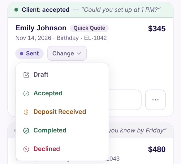 The Change menu on a quote: Draft, Accepted, Deposit Received, Completed, Declined