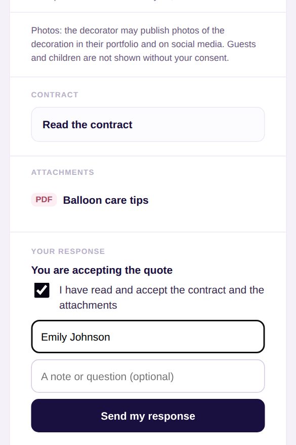 The online quote on the client’s side: contract, a Balloon care tips attachment, the “I have read and accept” checkbox, name and a Send my response button
