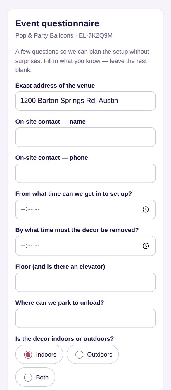 The questionnaire on the client’s phone: exact address, on-site contact, access and removal times, floor, parking, indoors or outdoors