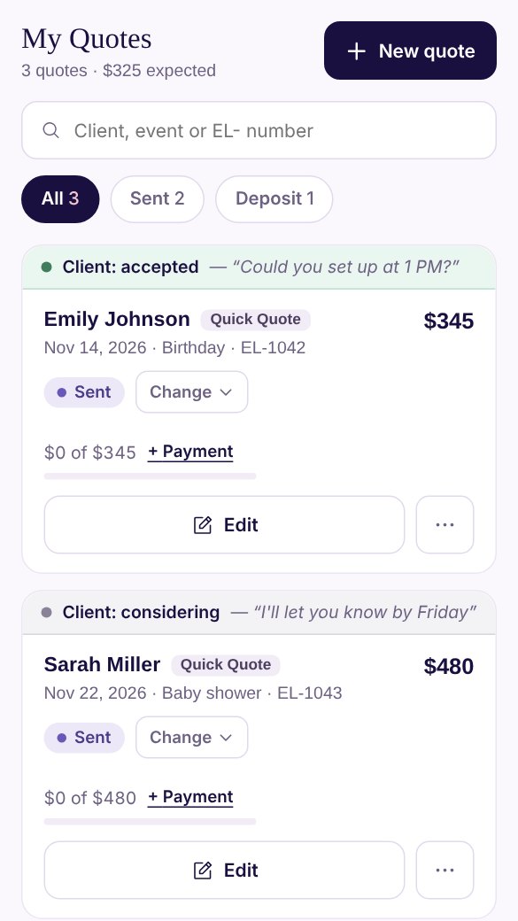 My Quotes: Emily Johnson accepted with the question “Could you set up at 1 PM?”, Sarah Miller is considering with “I’ll let you know by Friday”, Michael Brown has paid the deposit