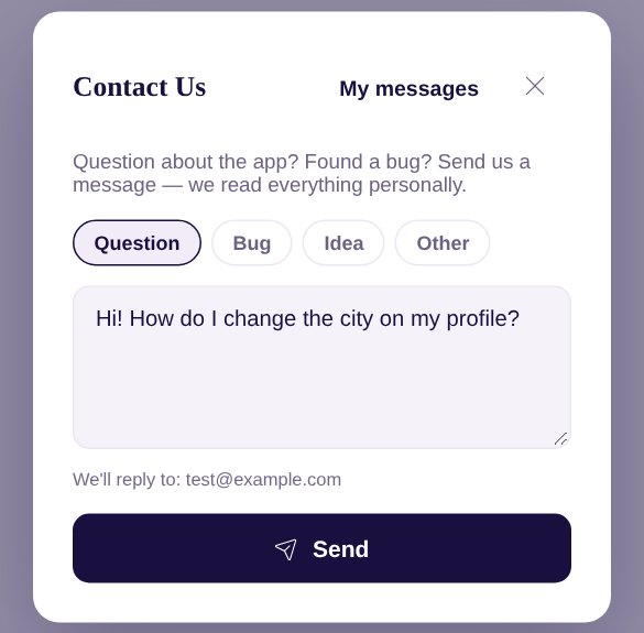 The Contact Us window: Question selected, the message “Hi! How do I change the city on my profile?” and a Send button