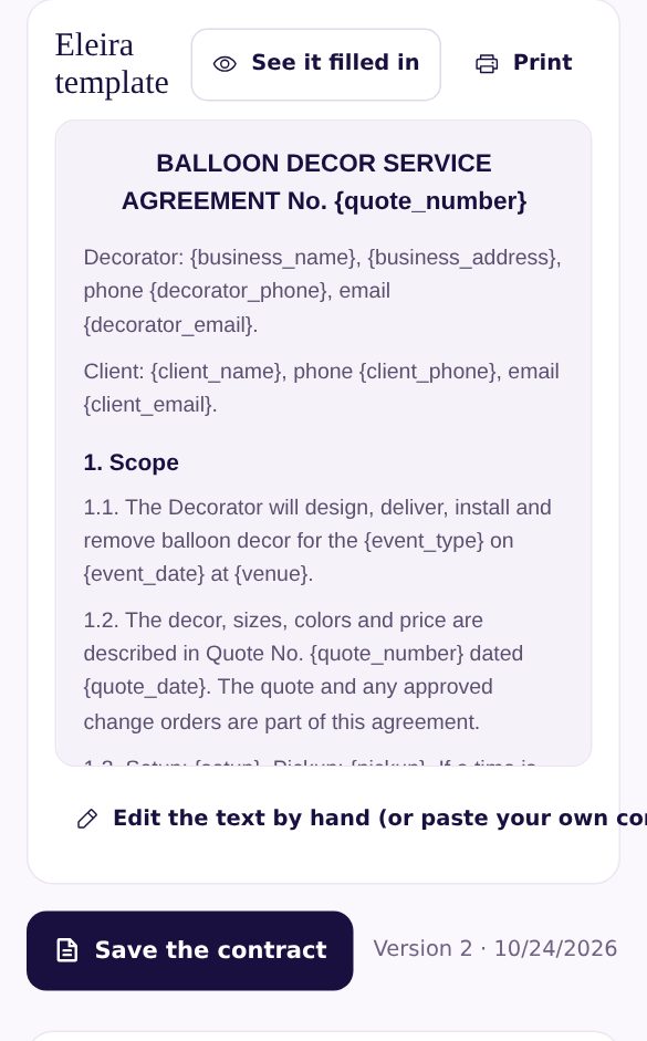 My Forms: the balloon decor service agreement template with placeholders, See it filled in, Print, Edit the text by hand and Save the contract buttons
