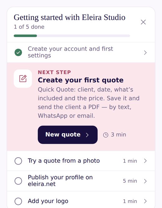 The Getting started with Eleira Studio checklist on the dashboard: 1 of 5 done, next step Create your first quote with a New quote button