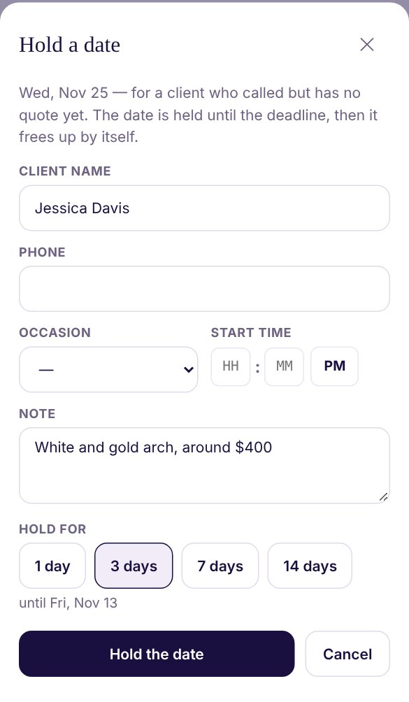 The Hold a date window: client name Jessica Davis, phone, occasion, start time, the note “White and gold arch, around $400” and Hold for 1, 3, 7 or 14 days