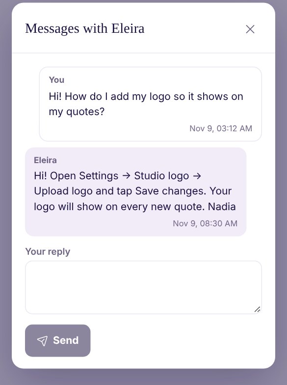 Messages with Eleira: your question about adding a logo and Eleira’s answer, with a Your reply box