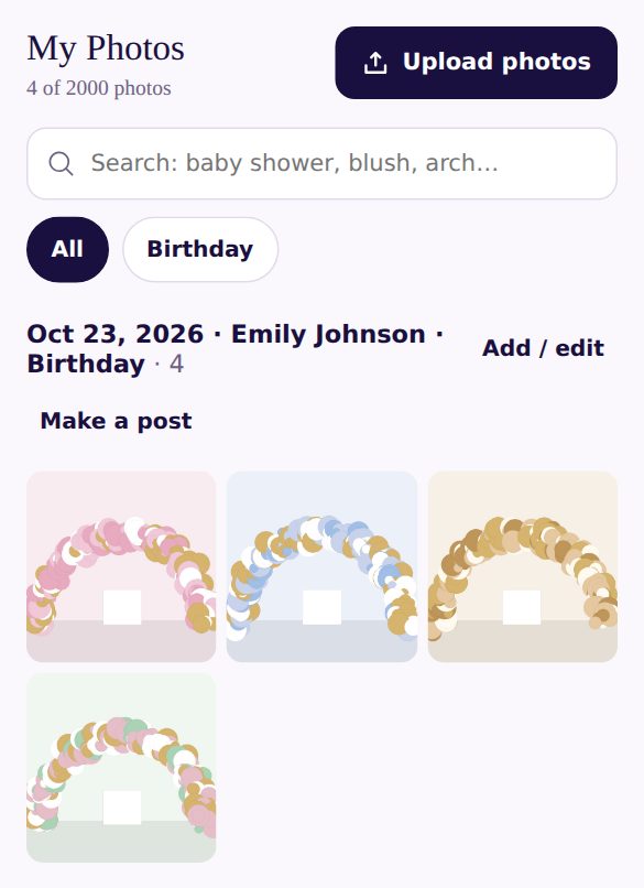 My Photos: search, an event type filter and the photos of one event with Add / edit and Make a post