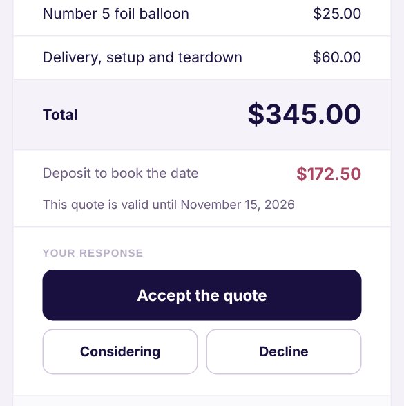 The bottom of the online quote on the client’s phone: total $345.00, deposit $172.50, expiry date and the buttons Accept the quote, Considering and Decline