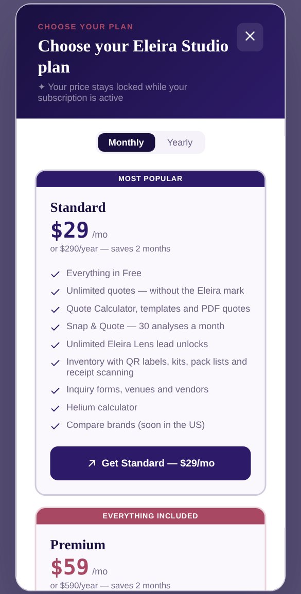 The Choose your Eleira Studio plan window: Monthly or Yearly and the Standard card at $29 a month with a Get Standard — $29/mo button