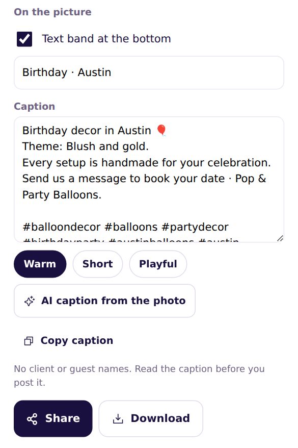A text band “Birthday · Austin”, a ready caption with hashtags, tone, AI caption from the photo, and Share and Download buttons