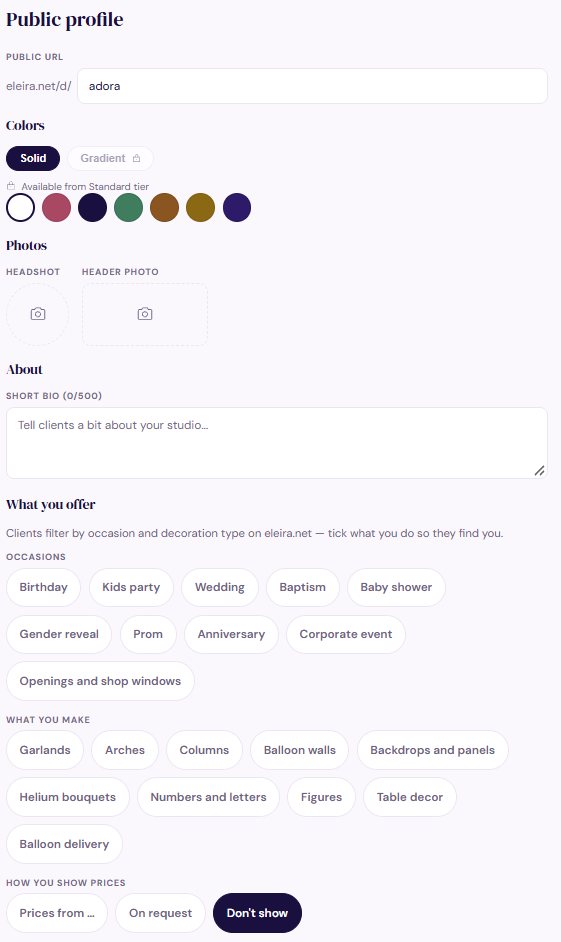 The Public profile screen: public URL, colors, headshot and header photo, short bio, occasions, what you make and how you show prices