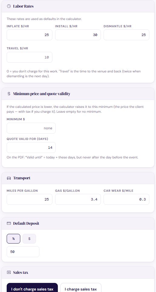 Settings: labor rates in dollars per hour, minimum price and quote validity, transport in miles per gallon and gas per gallon, default deposit and sales tax
