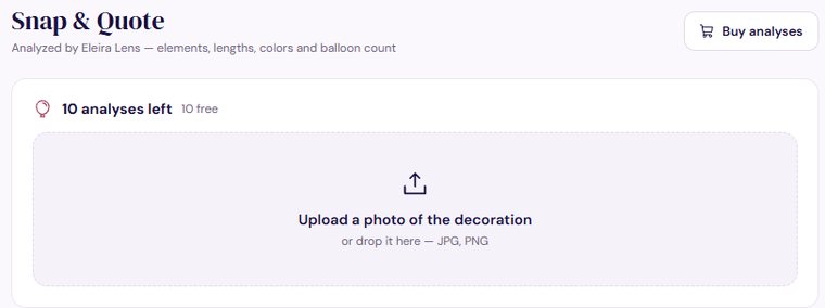 The Snap & Quote screen: 10 analyses left and an Upload a photo of the decoration box