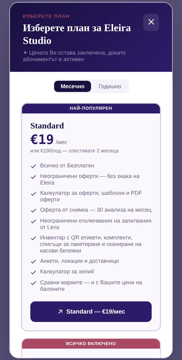 Прозорецът „Изберете план за Eleira Studio“: Месечно или Годишно и картата на Standard за 19 € на месец с бутон „Standard — €19/мес“